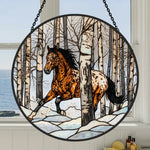 Rustic birch forest appaloosa horse stained glass suncatcher window hanging, suitable for home and garden decoration