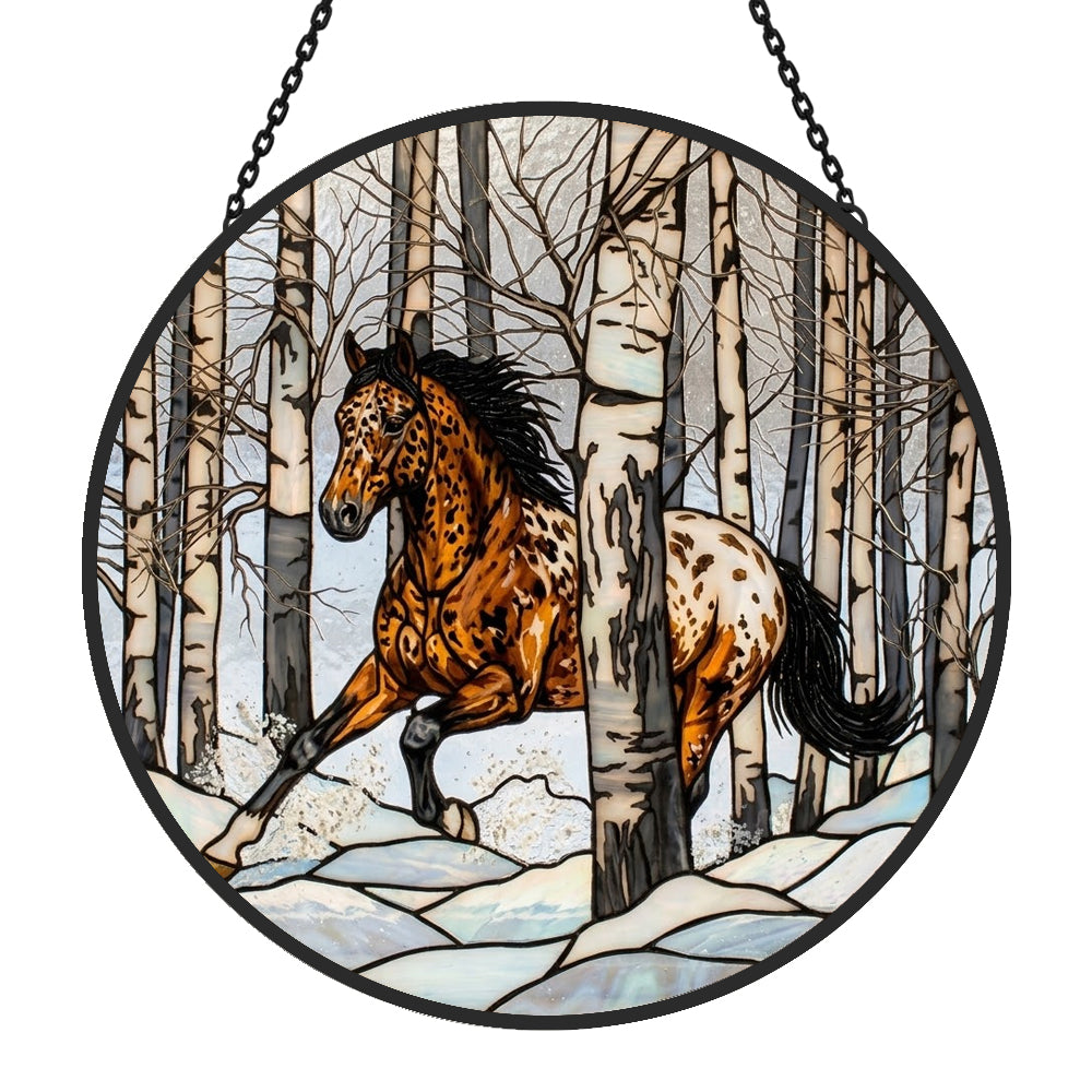 Rustic birch forest appaloosa horse stained glass suncatcher window hanging, suitable for home and garden decoration