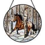 Rustic birch forest appaloosa horse stained glass suncatcher window hanging, suitable for home and garden decoration