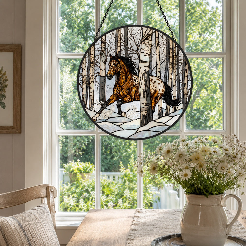 Rustic birch forest appaloosa horse stained glass suncatcher window hanging, suitable for home and garden decoration