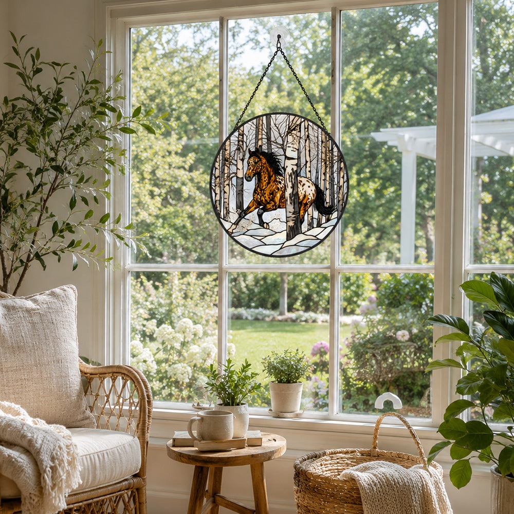Rustic birch forest appaloosa horse stained glass suncatcher window hanging, suitable for home and garden decoration
