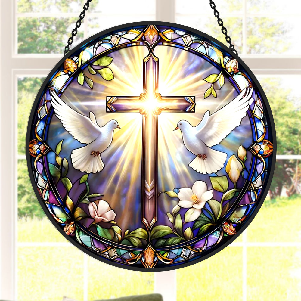 Sacred christian cross peace doves stained glass suncatcher window hanging, suitable for home and garden decoration