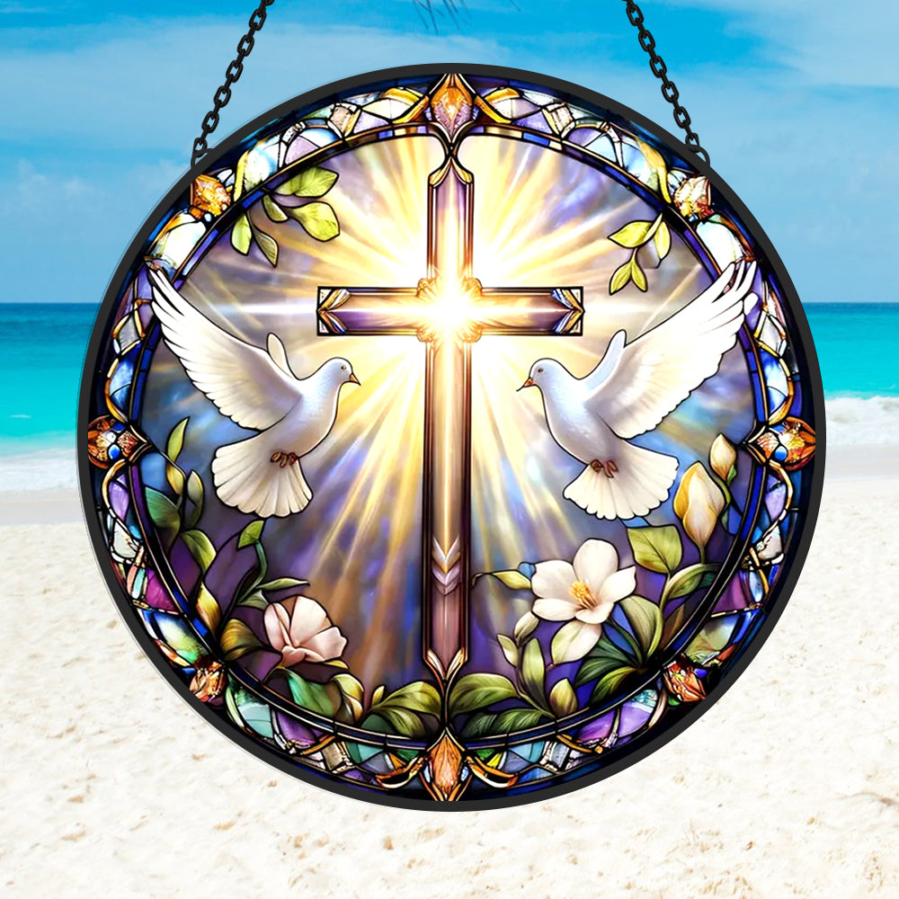Sacred christian cross peace doves stained glass suncatcher window hanging, suitable for home and garden decoration