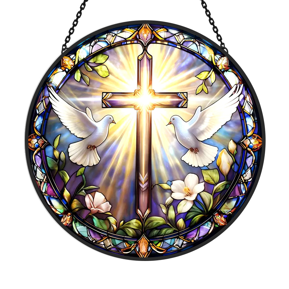 Sacred christian cross peace doves stained glass suncatcher window hanging, suitable for home and garden decoration
