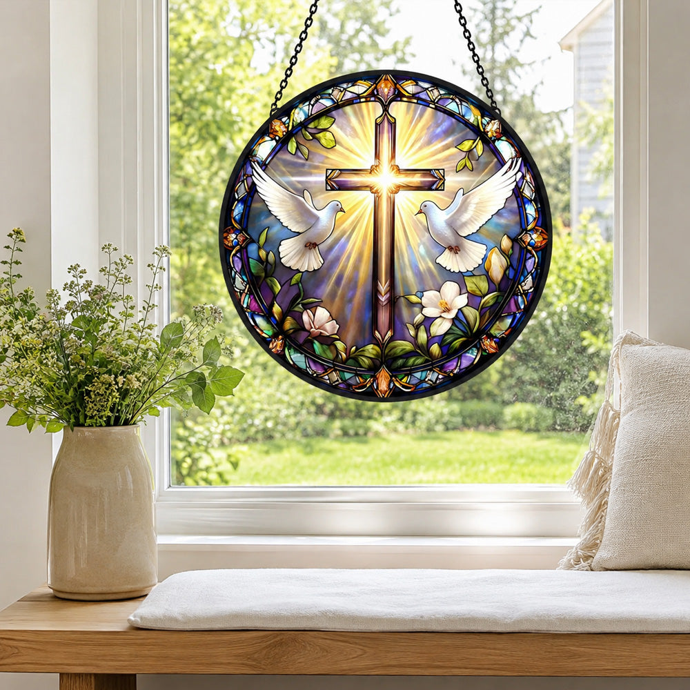 Sacred christian cross peace doves stained glass suncatcher window hanging, suitable for home and garden decoration