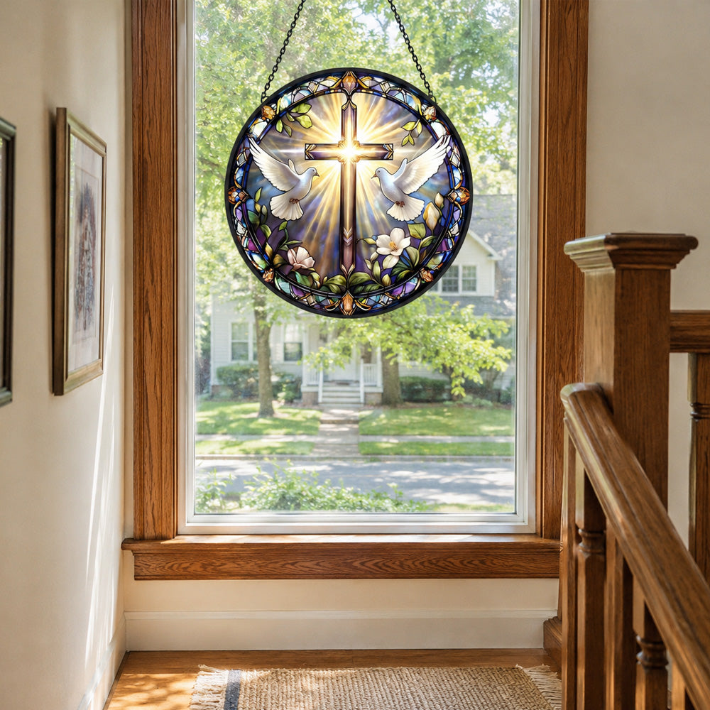 Sacred christian cross peace doves stained glass suncatcher window hanging, suitable for home and garden decoration