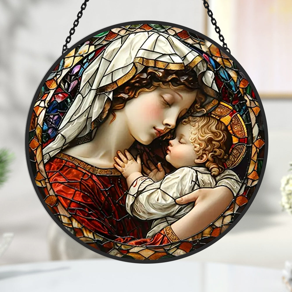 Sacred madonna and child mary stained glass suncatcher window hanging, suitable for home and garden decoration