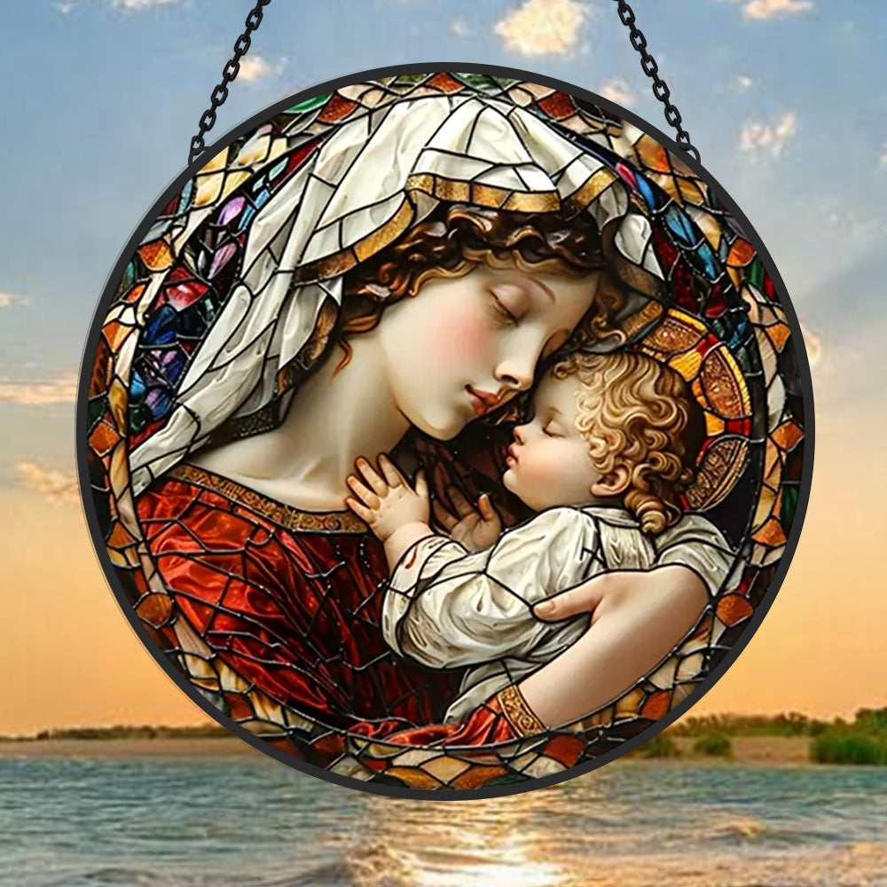 Sacred madonna and child mary stained glass suncatcher window hanging, suitable for home and garden decoration