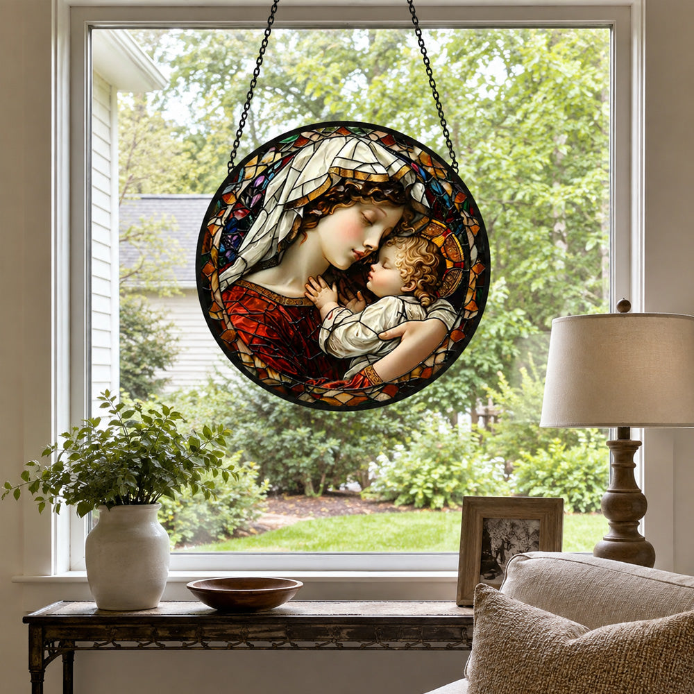 Sacred madonna and child mary stained glass suncatcher window hanging, suitable for home and garden decoration