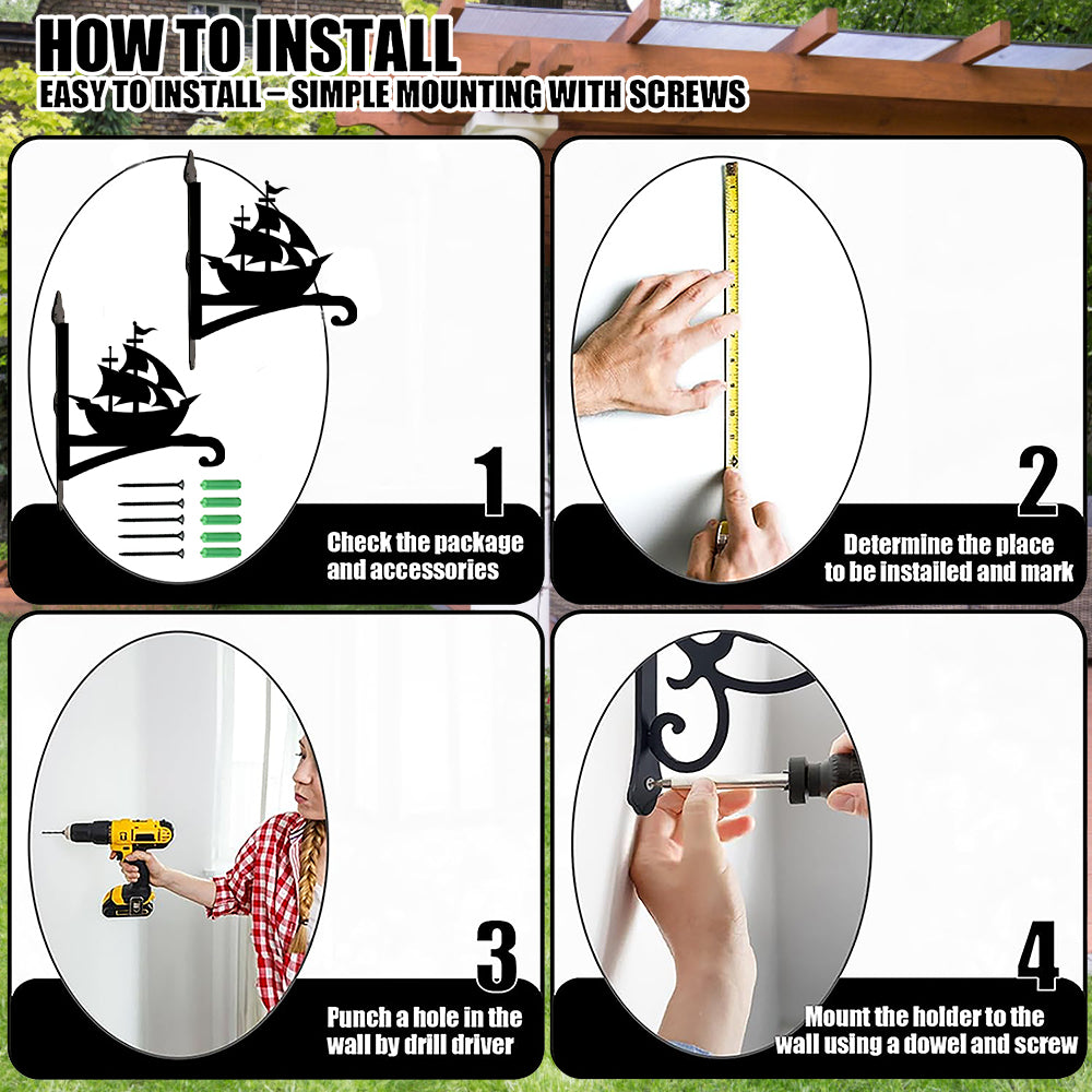 Sailing ship metal hanging basket bracket mounted on outdoor wall for plant decoration