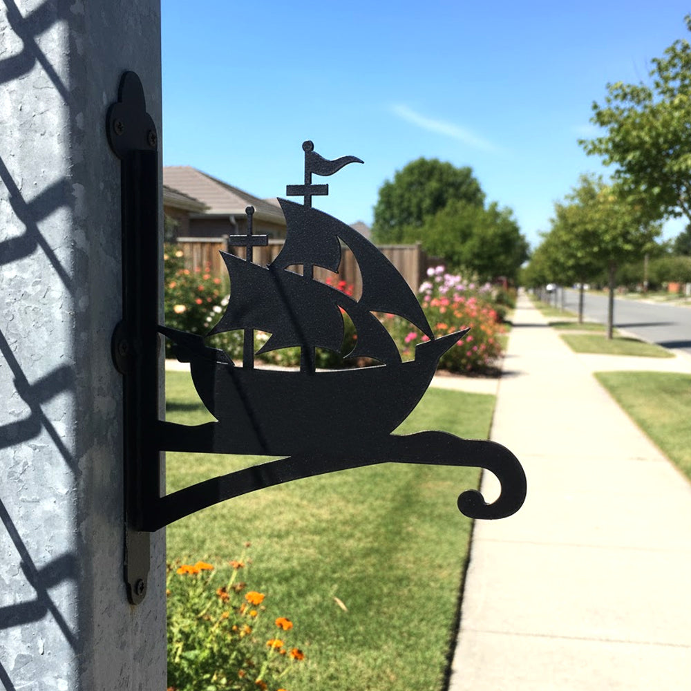 Sailing ship metal hanging basket bracket mounted on outdoor wall for plant decoration