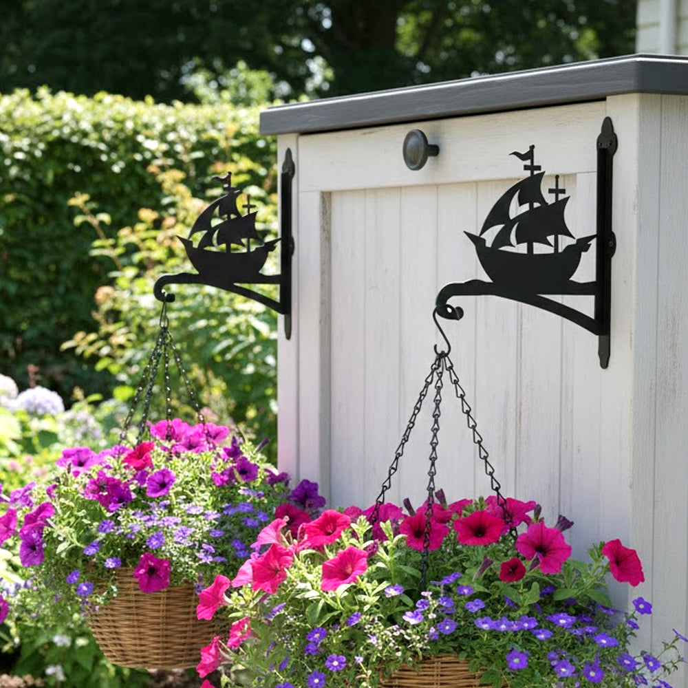 Sailing ship metal hanging basket bracket mounted on outdoor wall for plant decoration