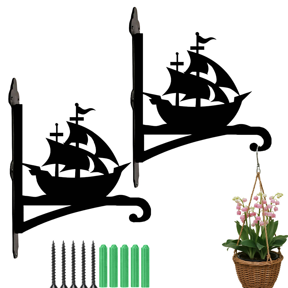 Sailing ship metal hanging basket bracket mounted on outdoor wall for plant decoration