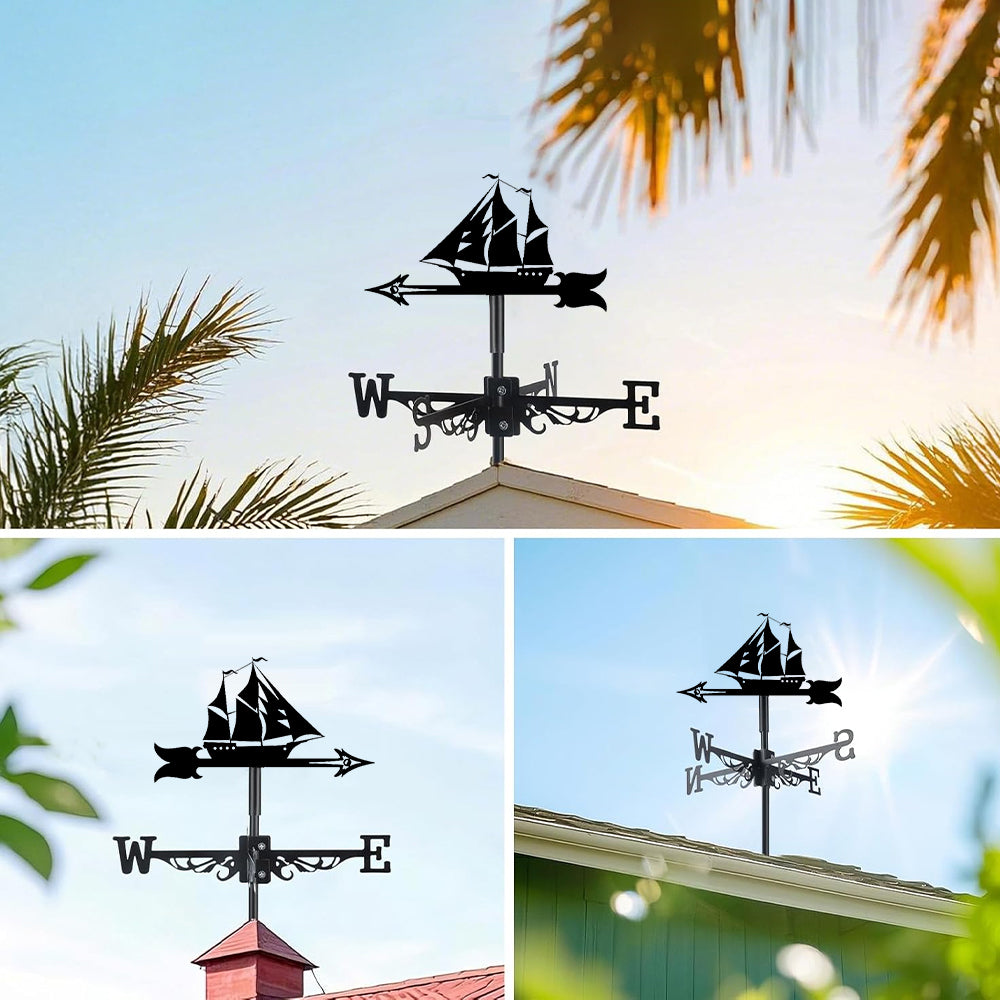 Sailing ship metal weather vane with directional arrows and mounting rod, outdoor roof and garden decoration