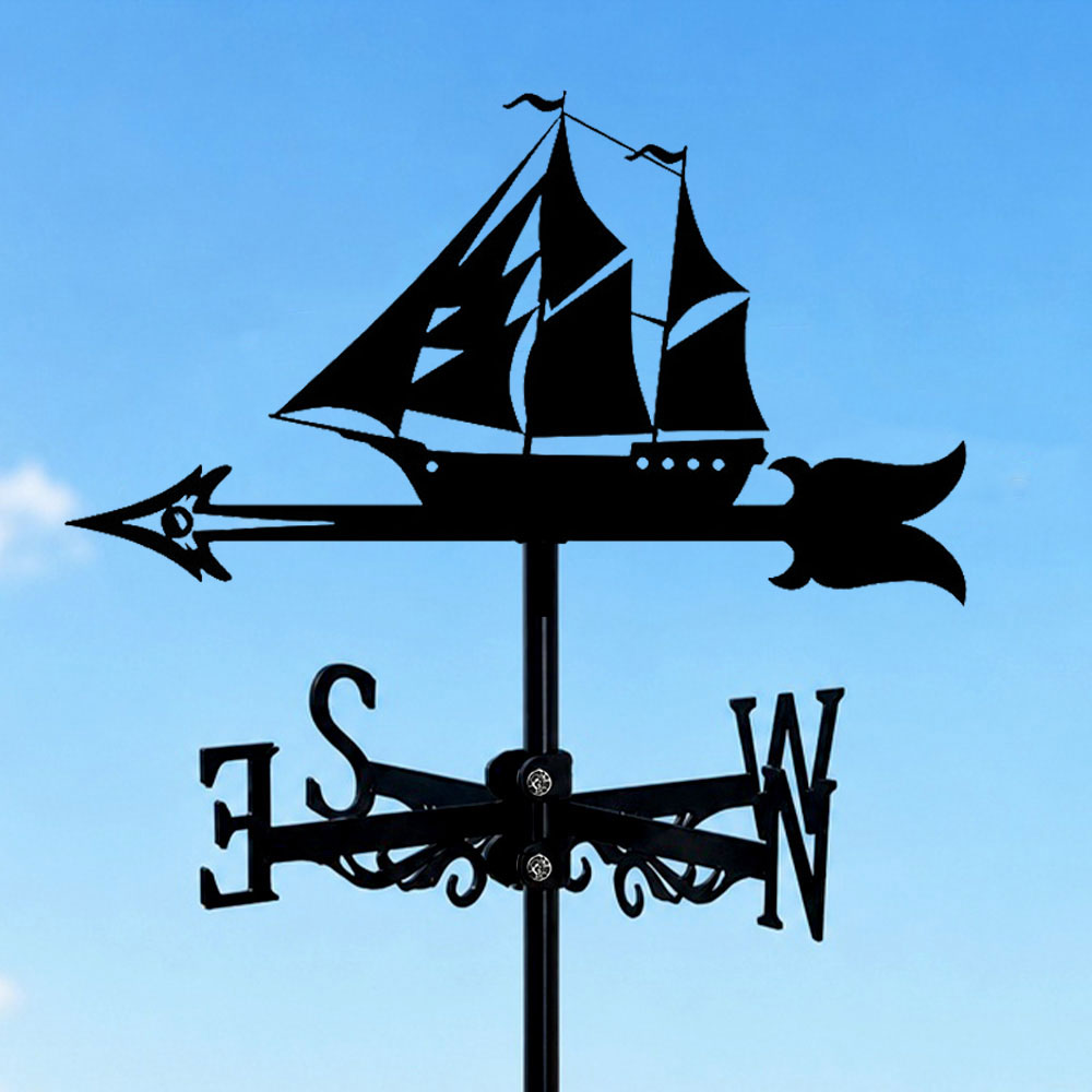 Sailing ship metal weather vane with directional arrows and mounting rod, outdoor roof and garden decoration