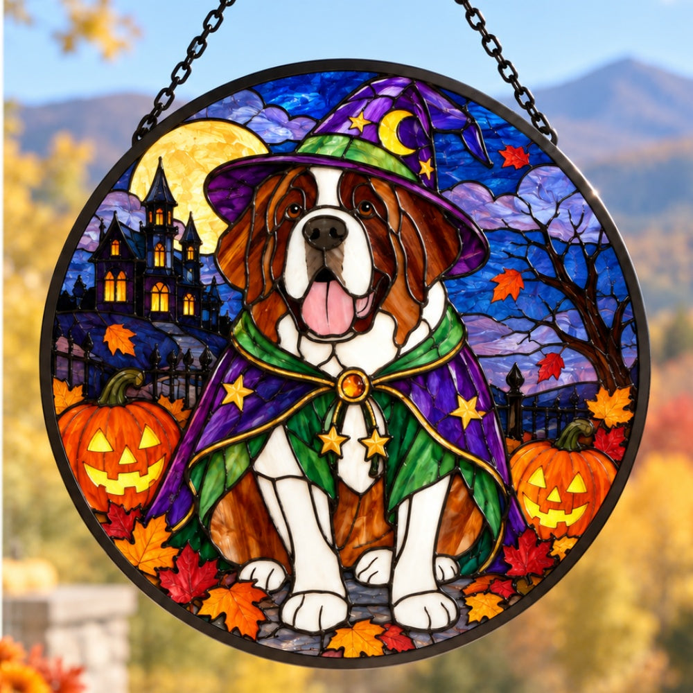 Saint Bernard Halloween stained glass suncatcher window hanging, suitable for home and garden decoration