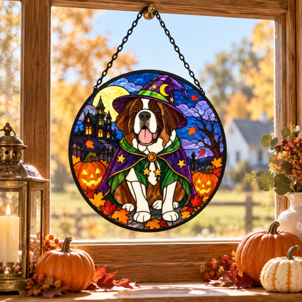 Saint Bernard Halloween stained glass suncatcher window hanging, suitable for home and garden decoration