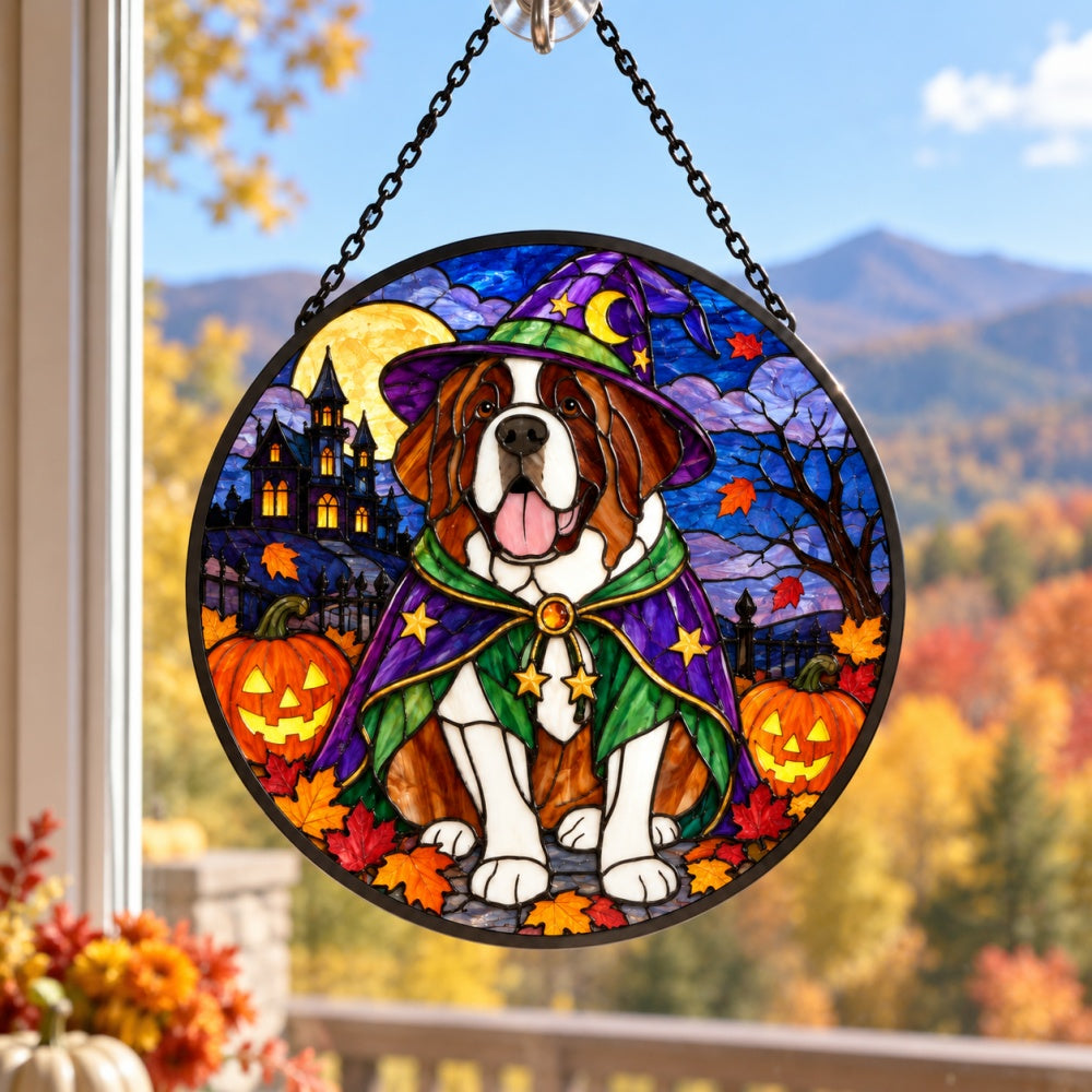Saint Bernard Halloween stained glass suncatcher window hanging, suitable for home and garden decoration
