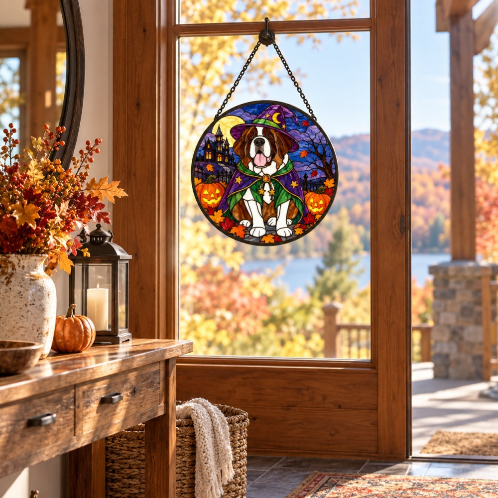 Saint Bernard Halloween stained glass suncatcher window hanging, suitable for home and garden decoration