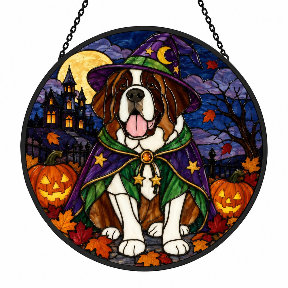 Saint Bernard Halloween stained glass suncatcher window hanging, suitable for home and garden decoration