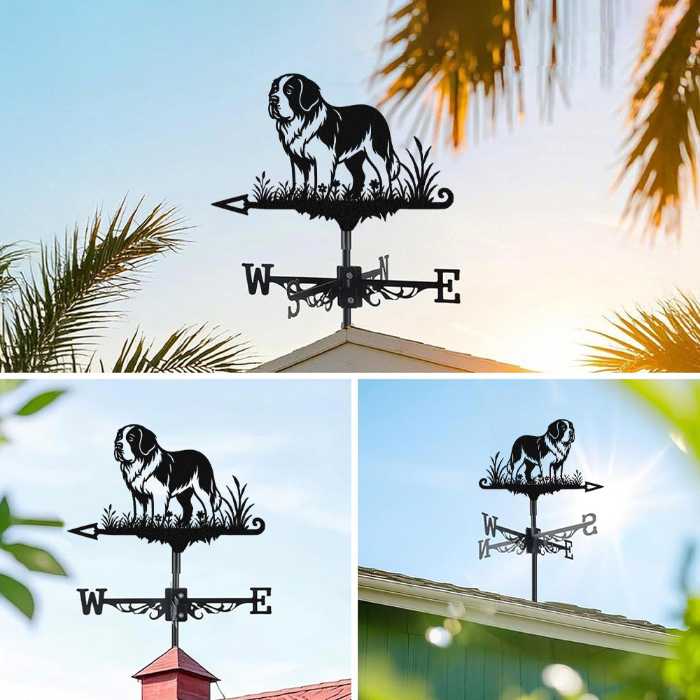 Saint bernard metal weather vane with directional arrows and mounting rod, outdoor roof and garden decoration