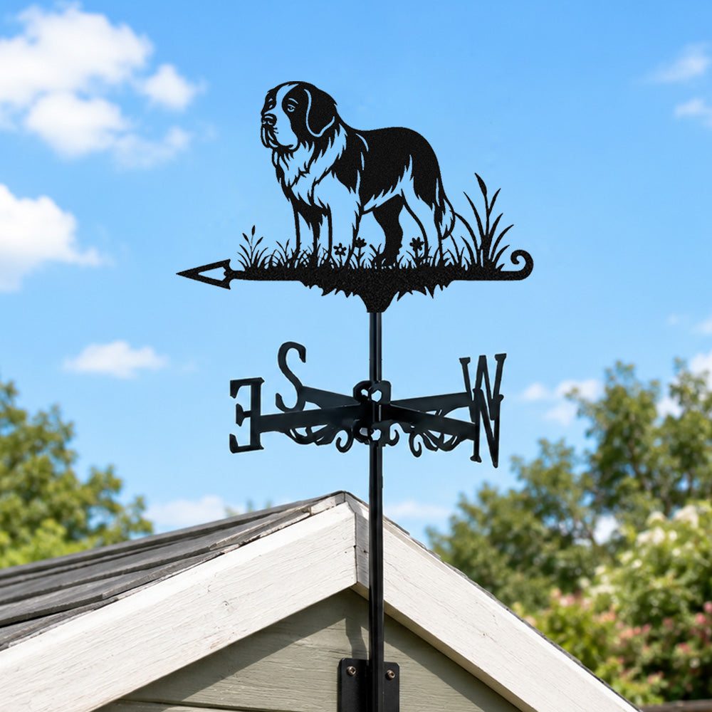 Saint bernard metal weather vane with directional arrows and mounting rod, outdoor roof and garden decoration
