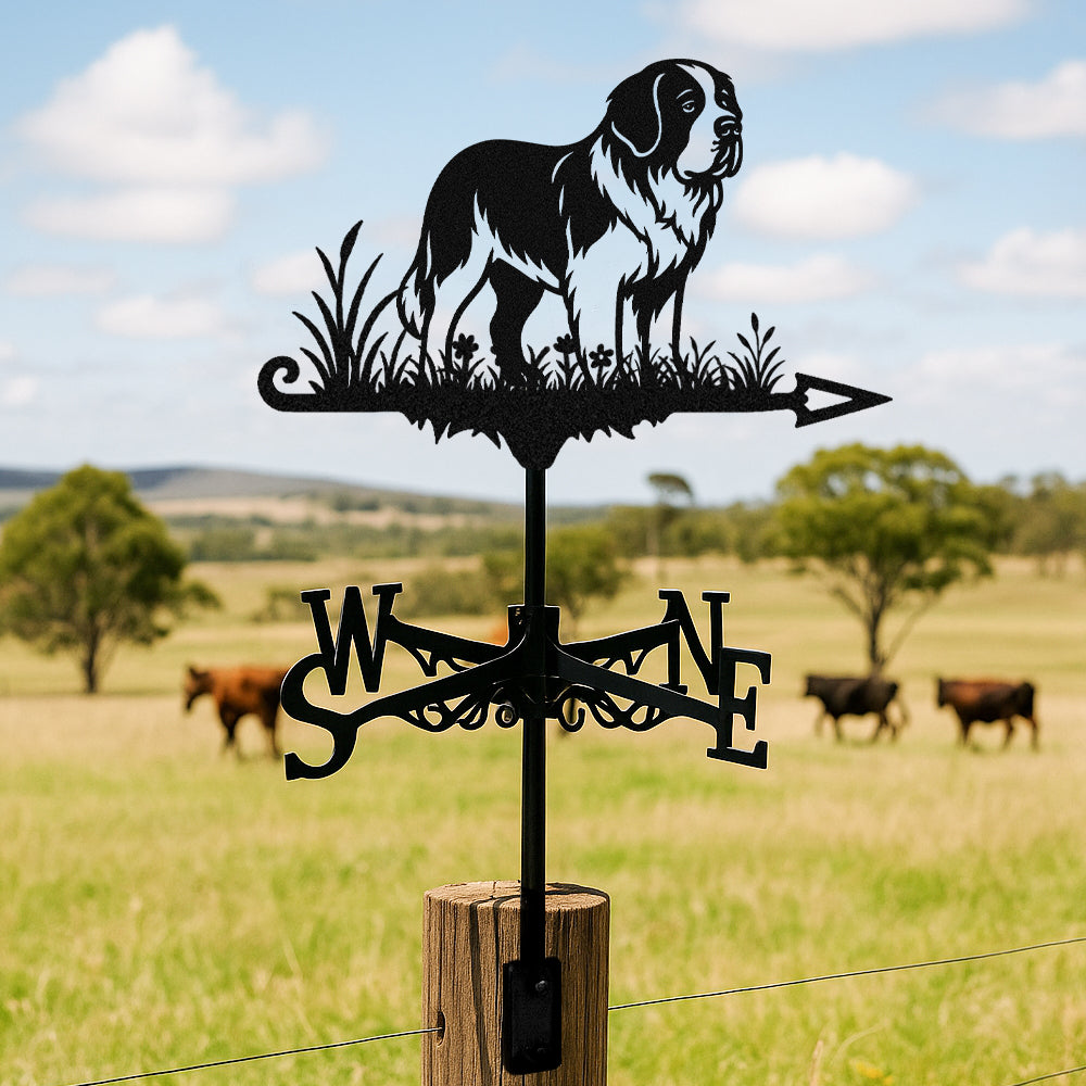 Saint bernard metal weather vane with directional arrows and mounting rod, outdoor roof and garden decoration