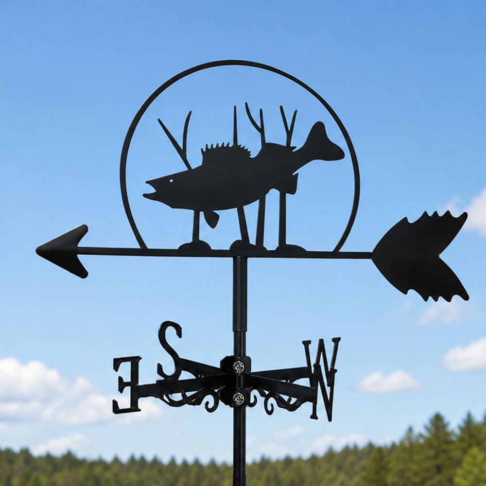 Salmon metal weather vane with directional arrows and mounting rod, outdoor roof and garden decoration