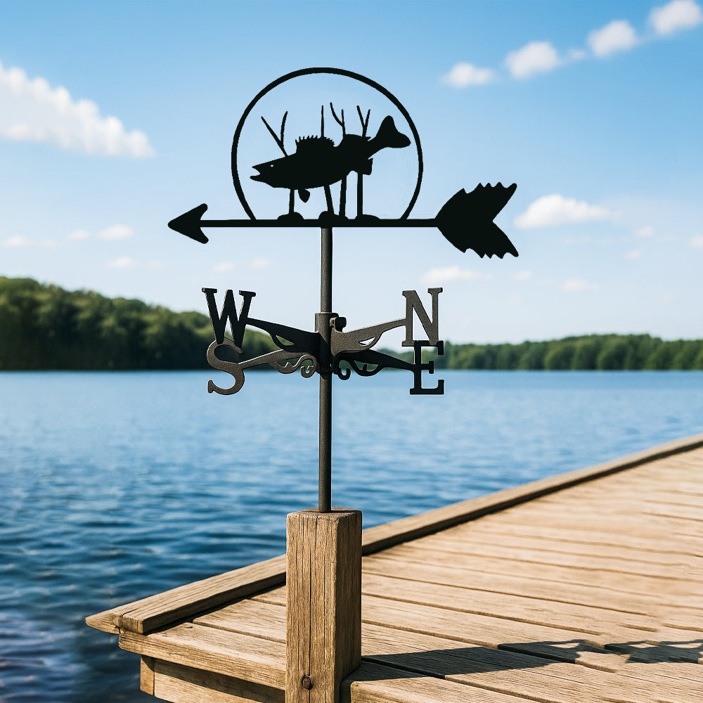 Salmon metal weather vane with directional arrows and mounting rod, outdoor roof and garden decoration