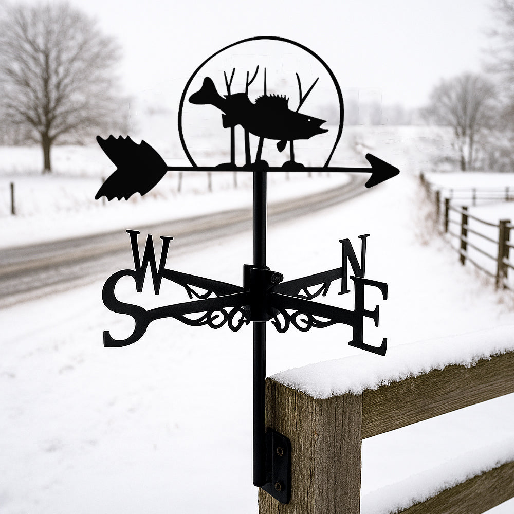 Salmon metal weather vane with directional arrows and mounting rod, outdoor roof and garden decoration