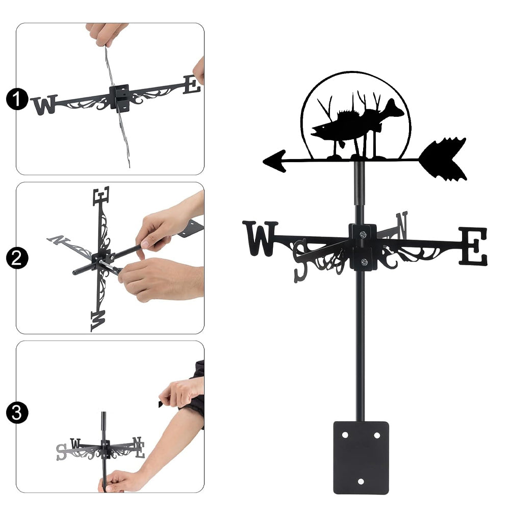 Salmon metal weather vane with directional arrows and mounting rod, outdoor roof and garden decoration