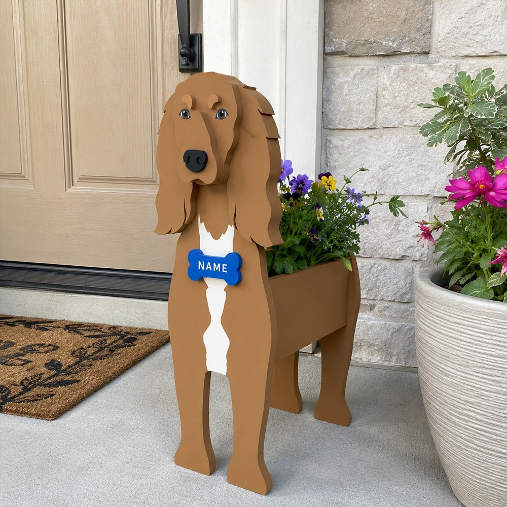 Saluki dog planter filled with fresh flowers is placed in the garden