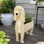 Saluki dog planter filled with fresh flowers is placed in the garden