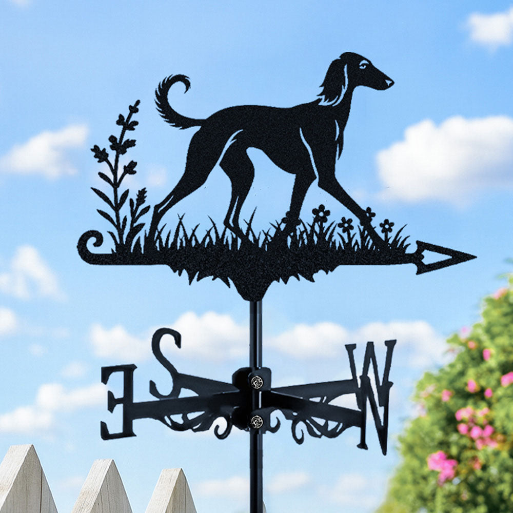 Saluki metal weather vane with directional arrows and mounting rod, outdoor roof and garden decoration