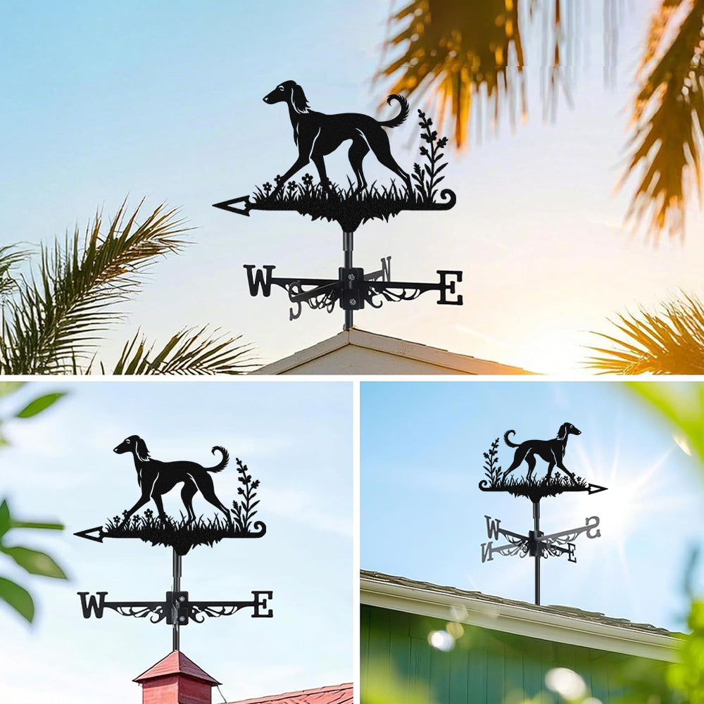 Saluki metal weather vane with directional arrows and mounting rod, outdoor roof and garden decoration