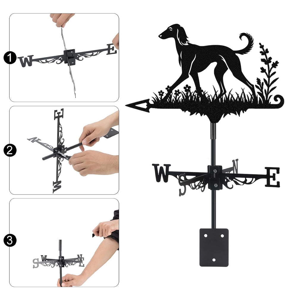 Saluki metal weather vane with directional arrows and mounting rod, outdoor roof and garden decoration