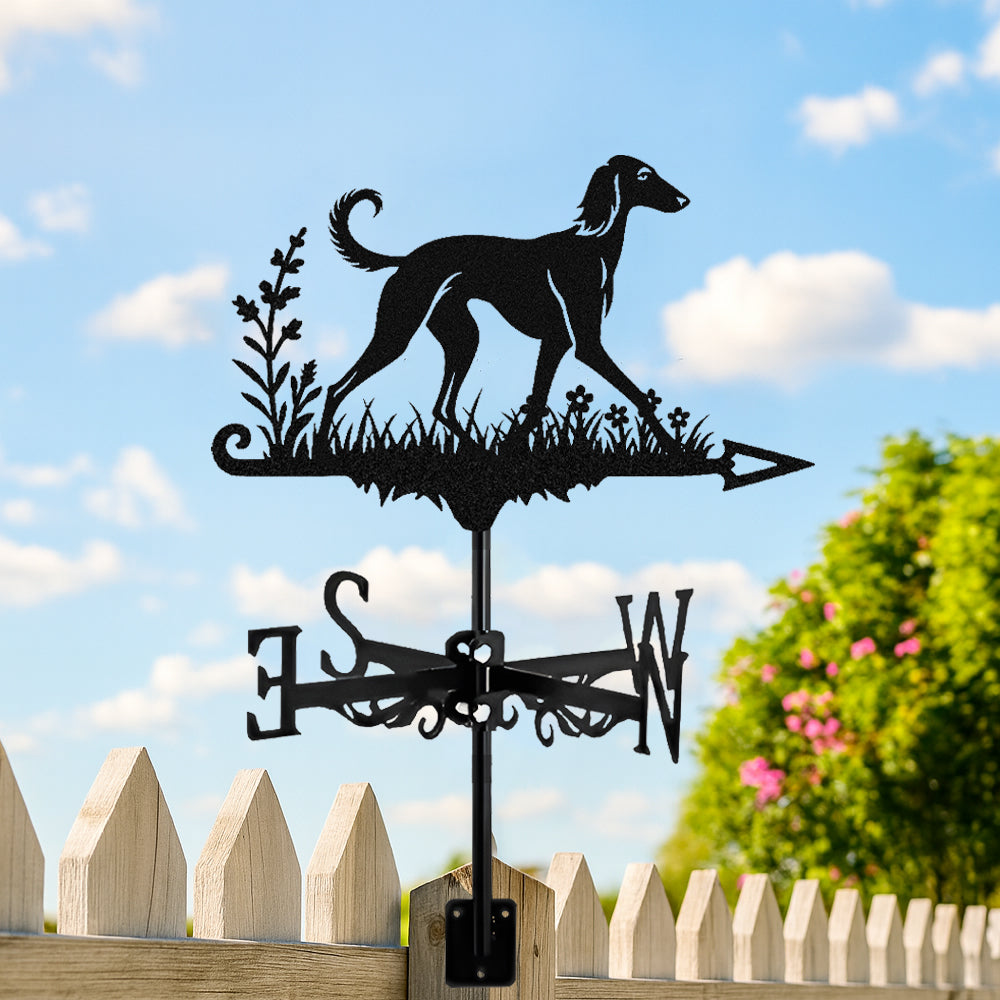 Saluki metal weather vane with directional arrows and mounting rod, outdoor roof and garden decoration