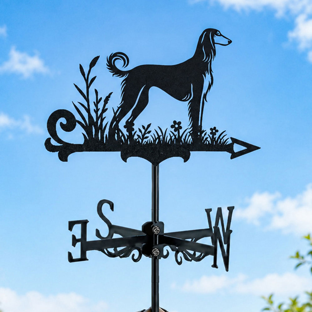 Saluki metal weather vane with directional arrows and mounting rod, outdoor roof and garden decoration