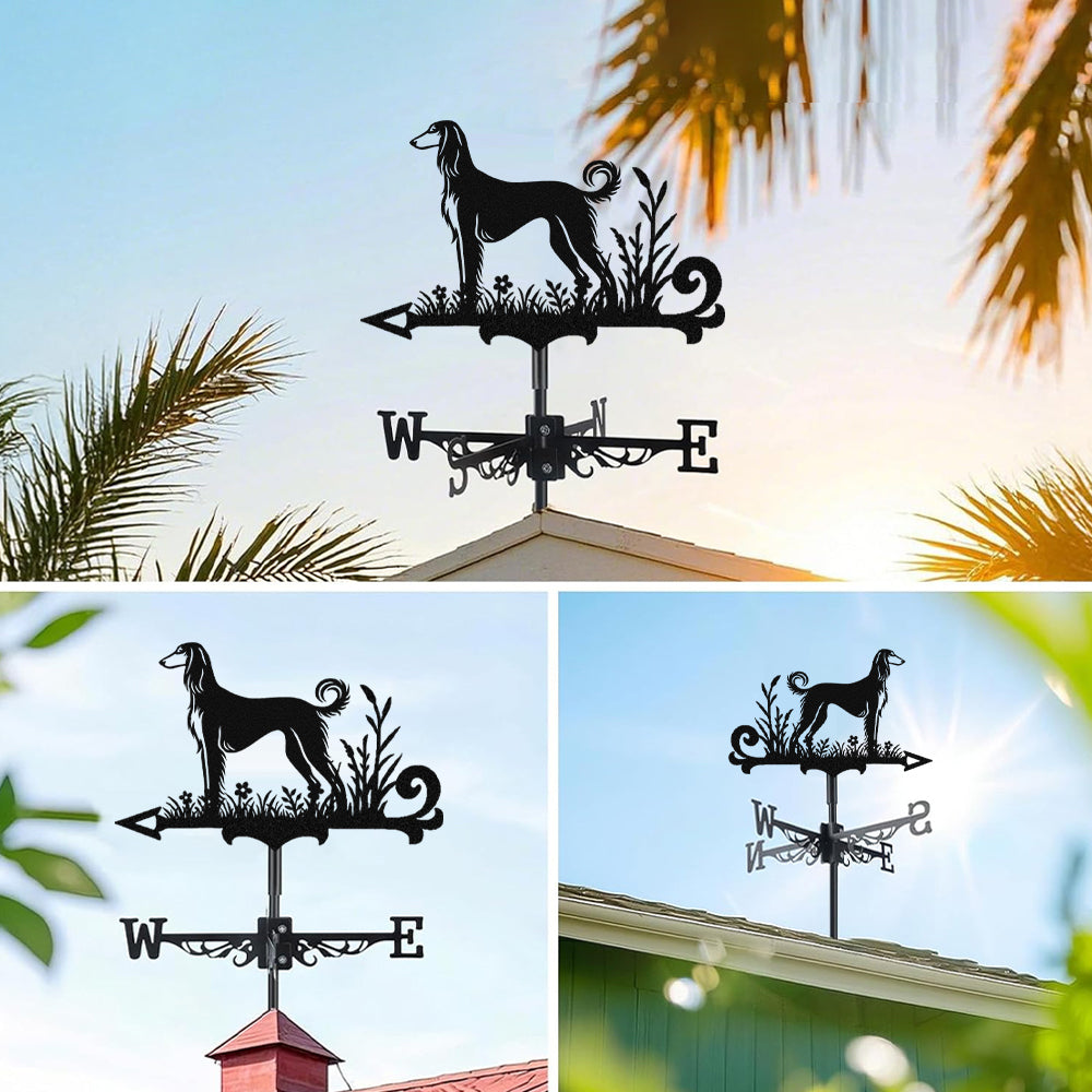Saluki metal weather vane with directional arrows and mounting rod, outdoor roof and garden decoration