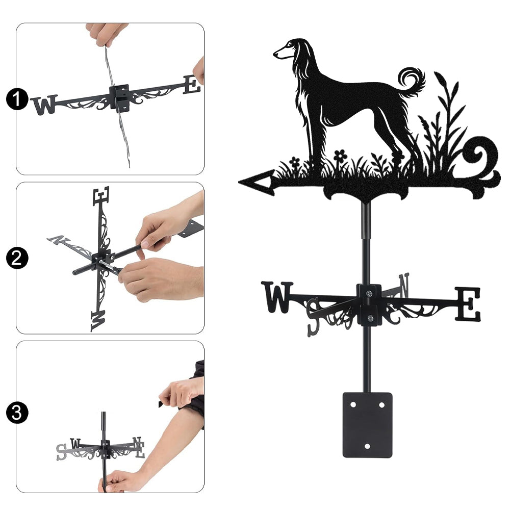 Saluki metal weather vane with directional arrows and mounting rod, outdoor roof and garden decoration