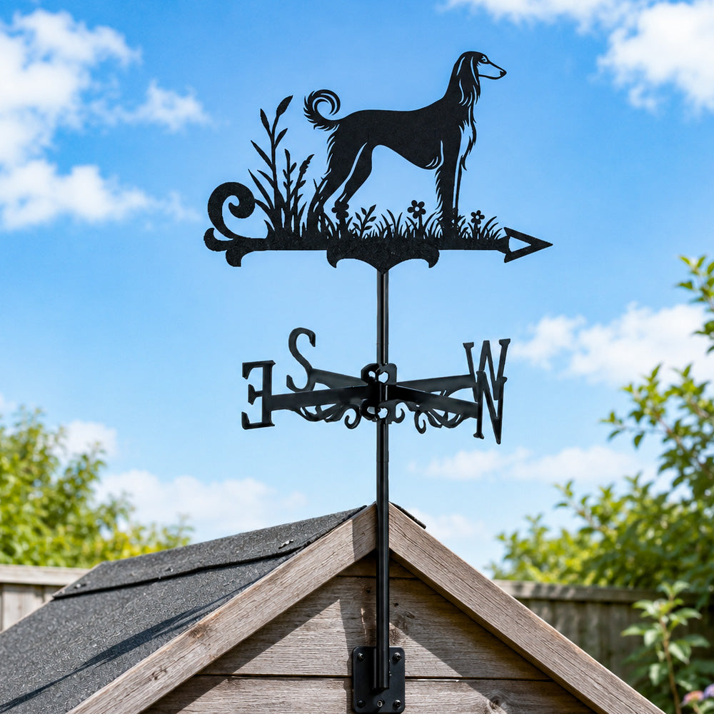 Saluki metal weather vane with directional arrows and mounting rod, outdoor roof and garden decoration
