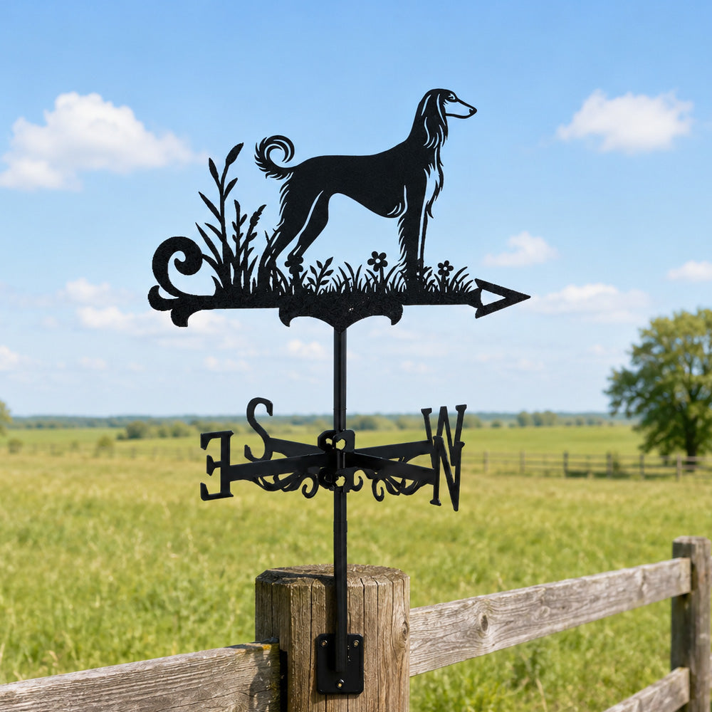 Saluki metal weather vane with directional arrows and mounting rod, outdoor roof and garden decoration