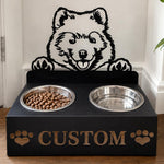 Personalized samoyed metal dog bowl stand with custom name cutout and two removable feeding bowls