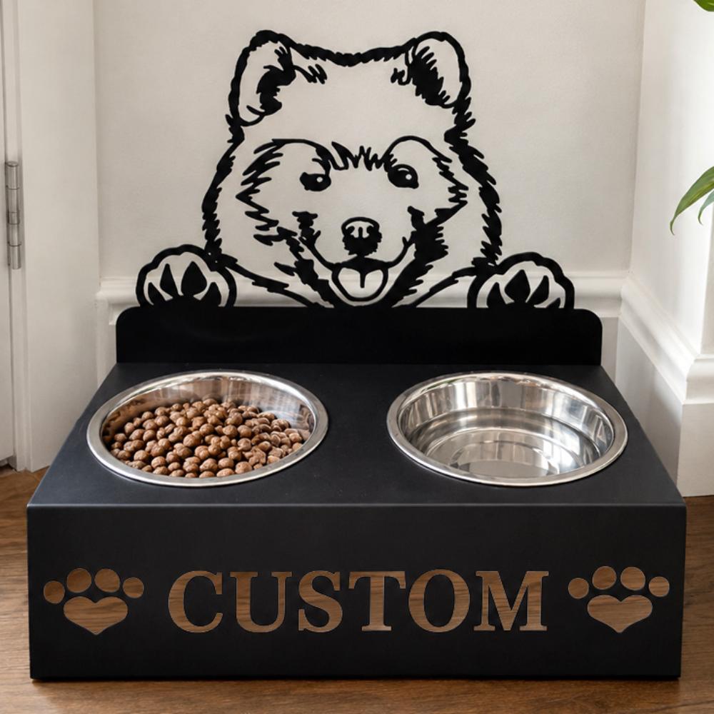 Personalized samoyed metal dog bowl stand with custom name cutout and two removable feeding bowls