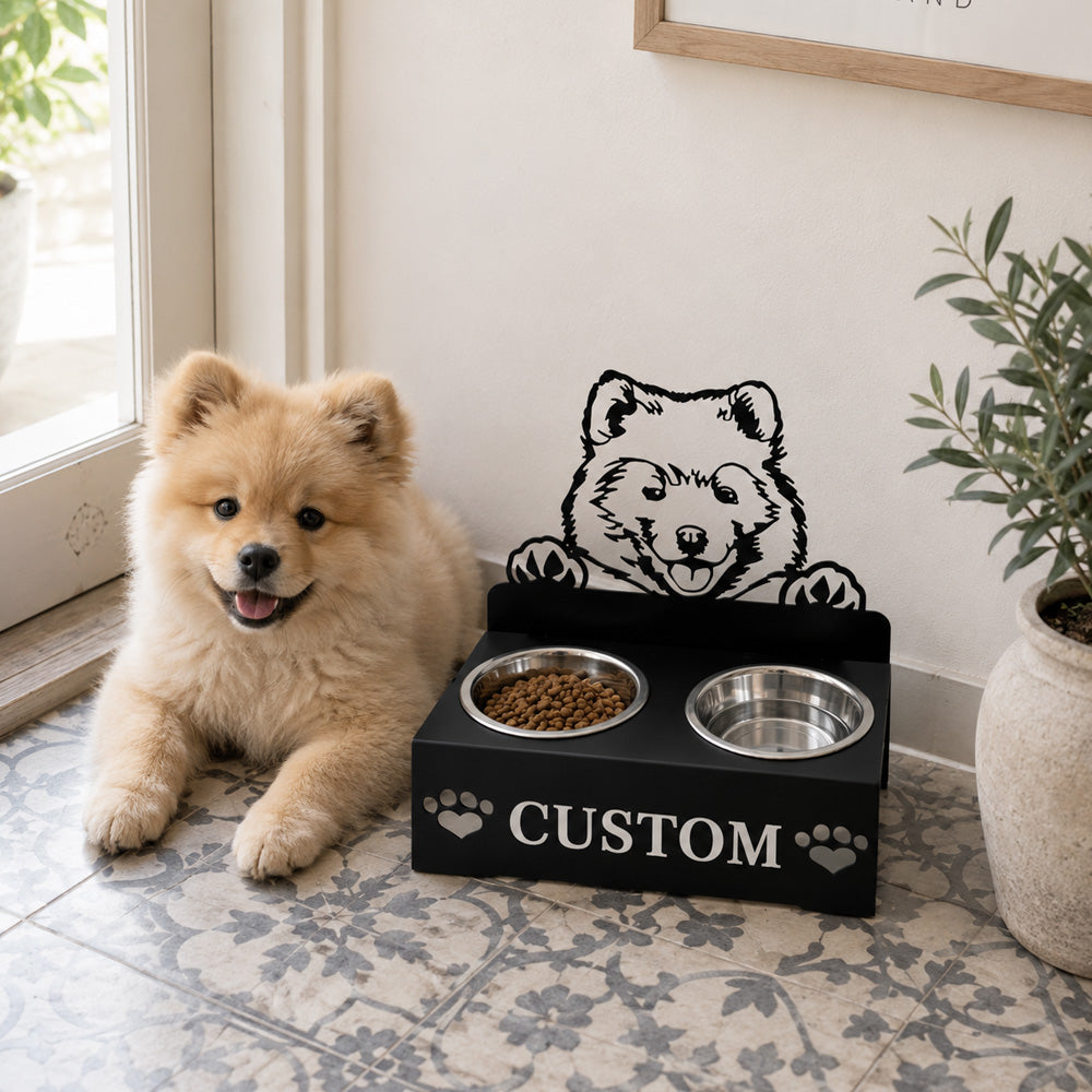 Personalized samoyed metal dog bowl stand with custom name cutout and two removable feeding bowls