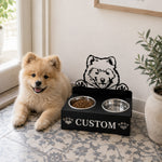Personalized samoyed metal dog bowl stand with custom name cutout and two removable feeding bowls