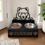 Personalized samoyed metal dog bowl stand with custom name cutout and two removable feeding bowls