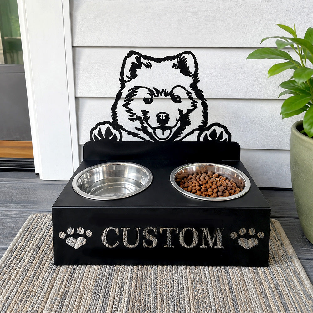 Personalized samoyed metal dog bowl stand with custom name cutout and two removable feeding bowls