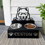 Personalized samoyed metal dog bowl stand with custom name cutout and two removable feeding bowls