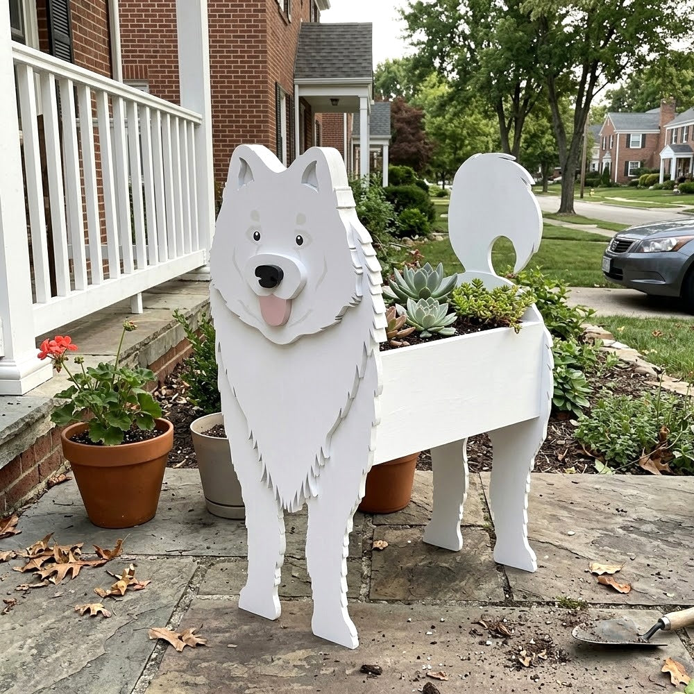 Samoyed dog planter filled with fresh flowers is placed in the garden